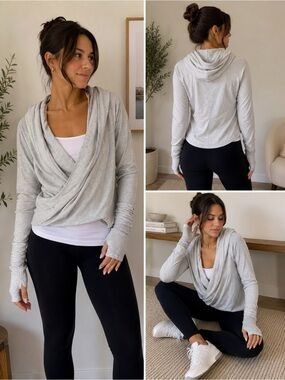 Lululemon Iconic Wrap Heathered Light Grey Hooded Cardigan Size 8 Yoga Lounge